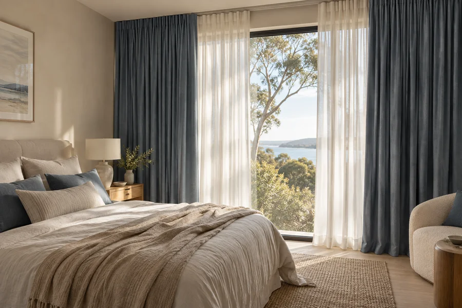Layered sheer and lined curtains filtering daylight in a Melbourne home