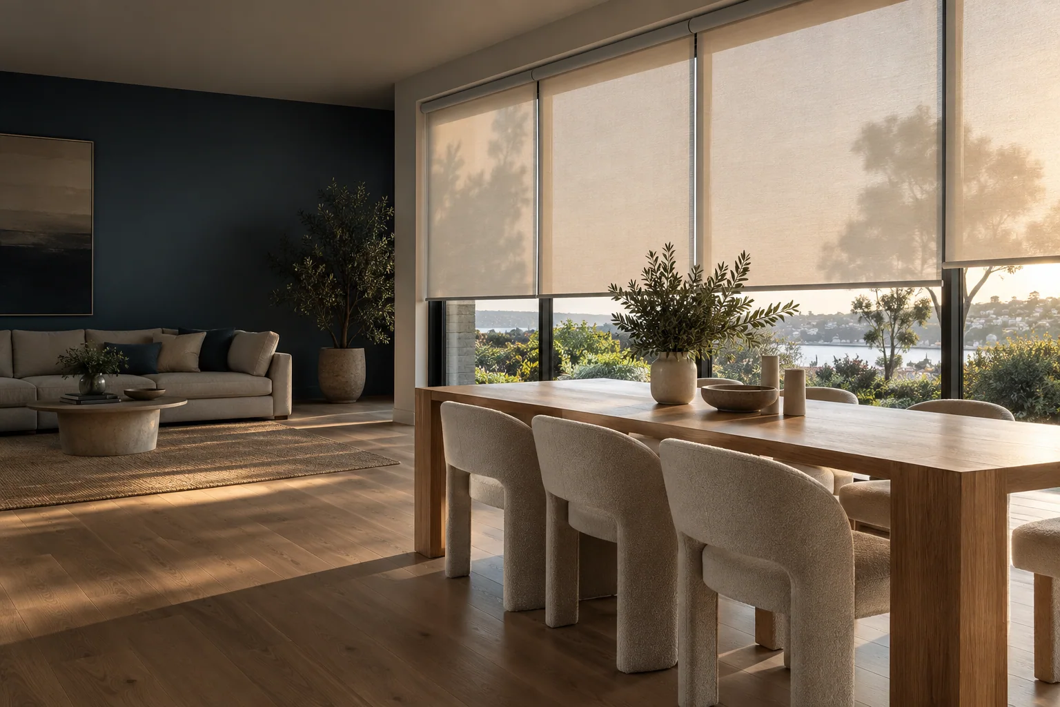 Light-filtering roller blinds in a warm contemporary dining room