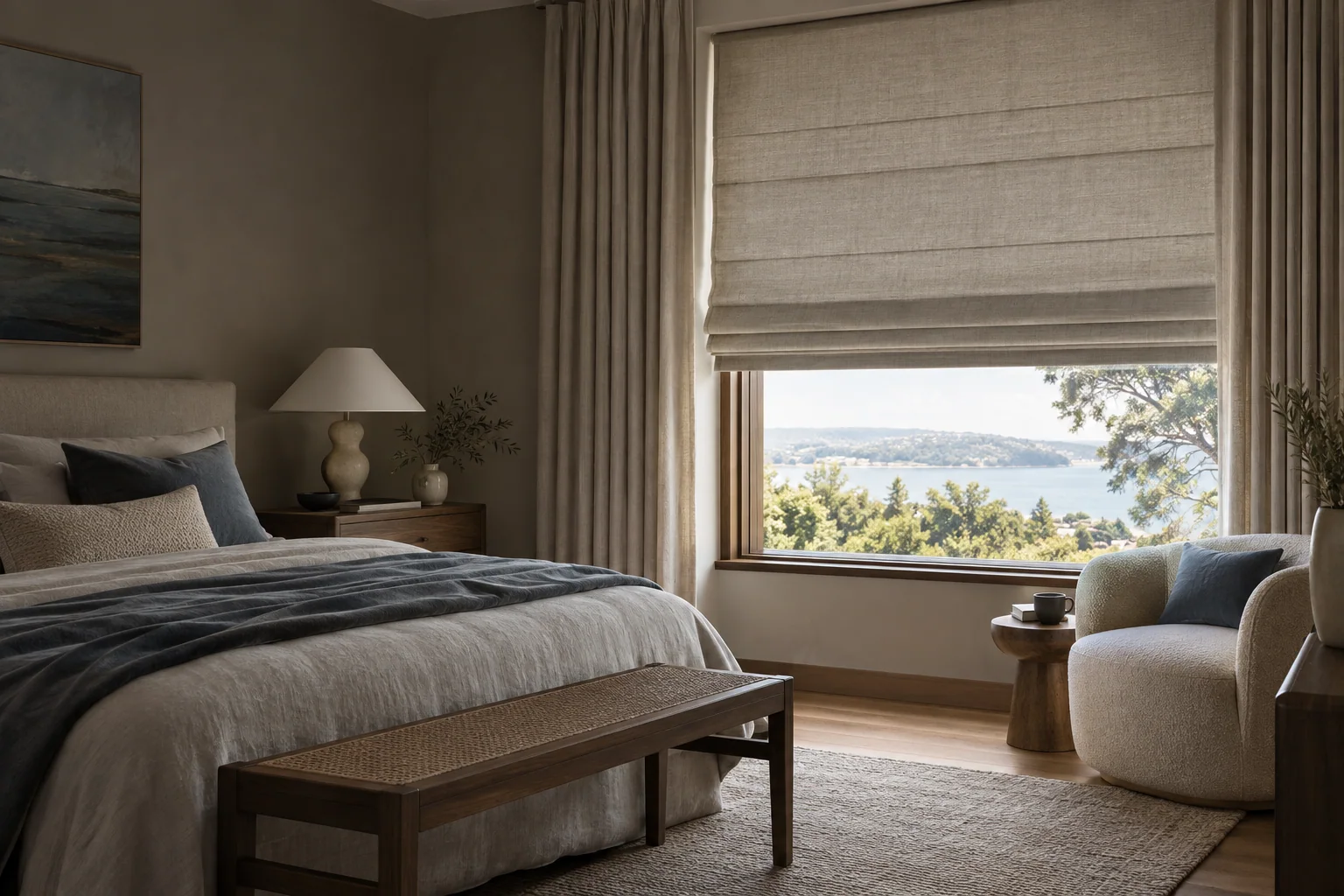 Textured Roman blind and understated drapery in a refined bedroom