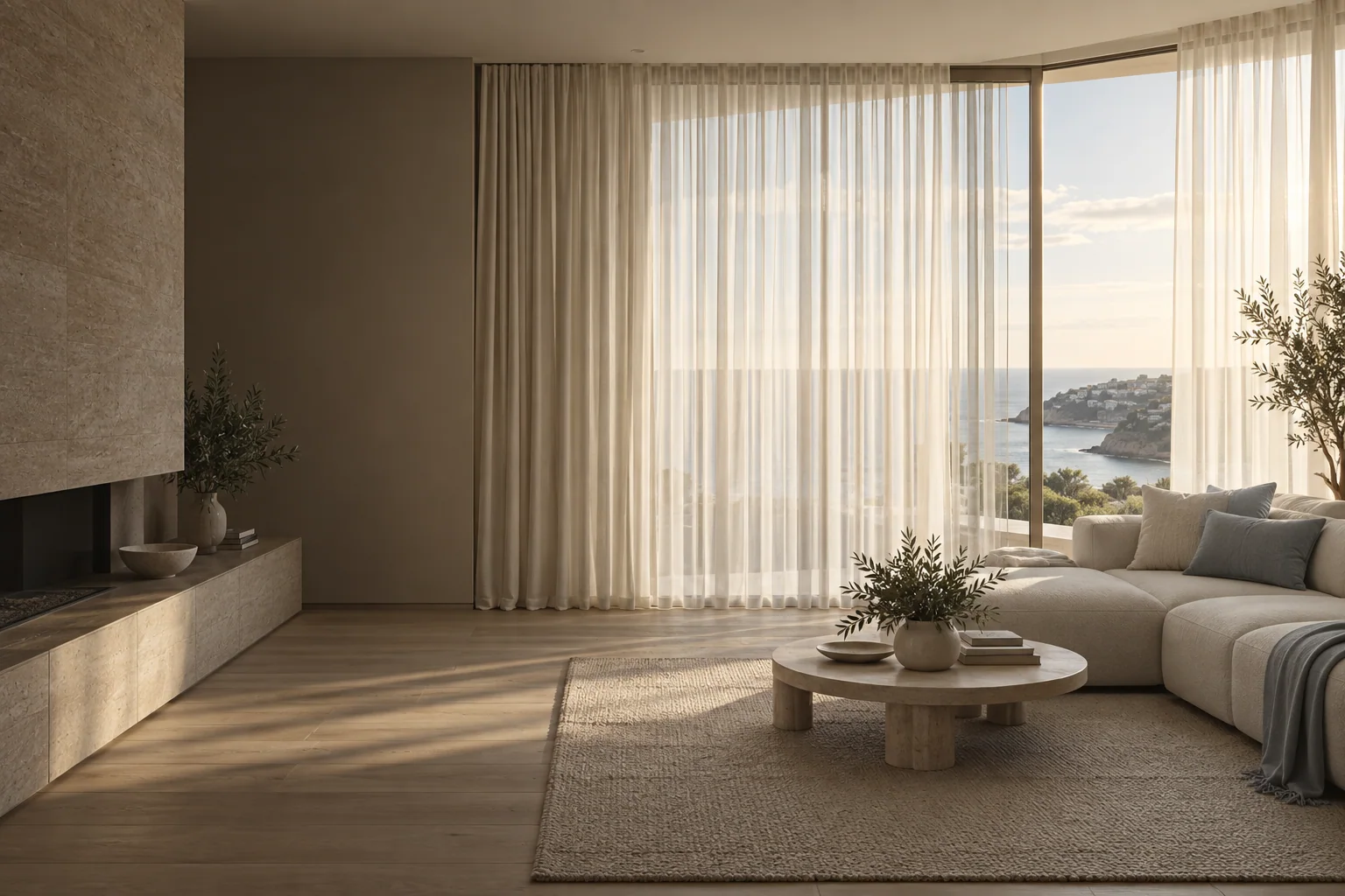 Floor-to-ceiling sheer curtains in an elegant contemporary living room