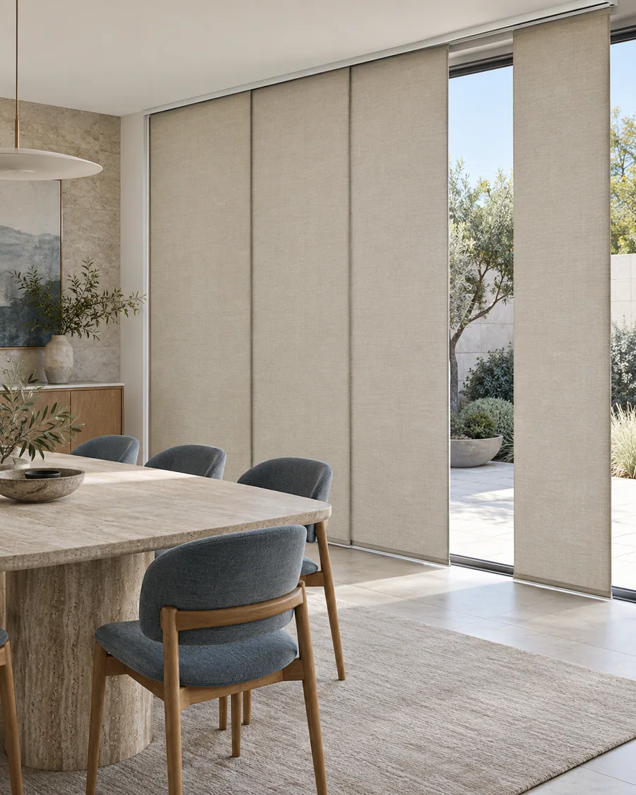 Panel glide blinds in a contemporary interior