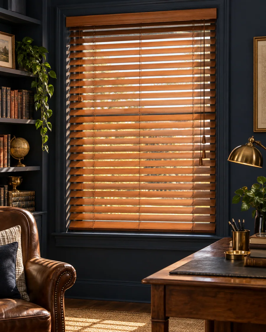 Timber & slim-line Venetians in a contemporary interior