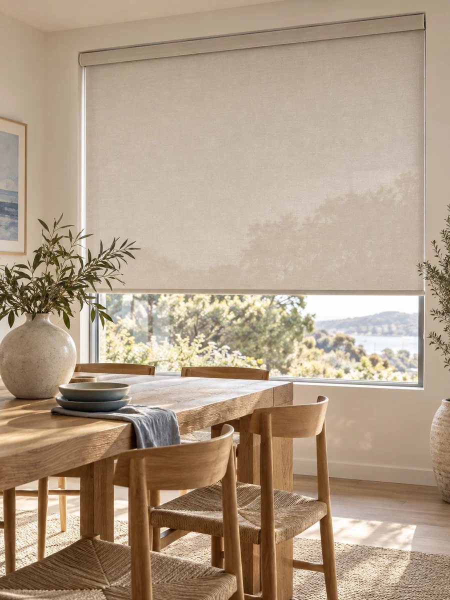 Roller blind controlling light in a living room
